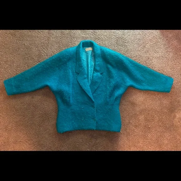 Vintage 80’s fuzzy wool batwing teal jacket - Picture 4 of 10